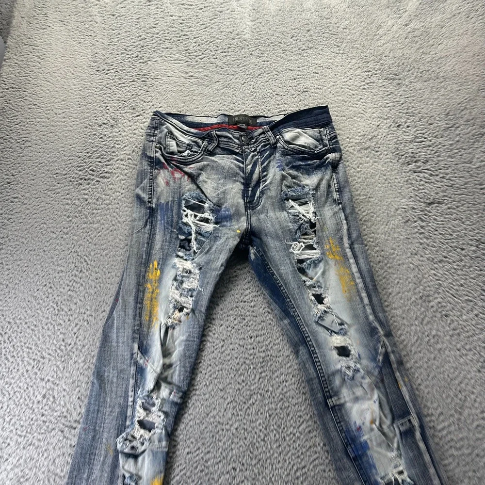 Encrypted Jeans Mens 32x32 Blue‎ Cotton Denim Straight Biker Distressed Stretch